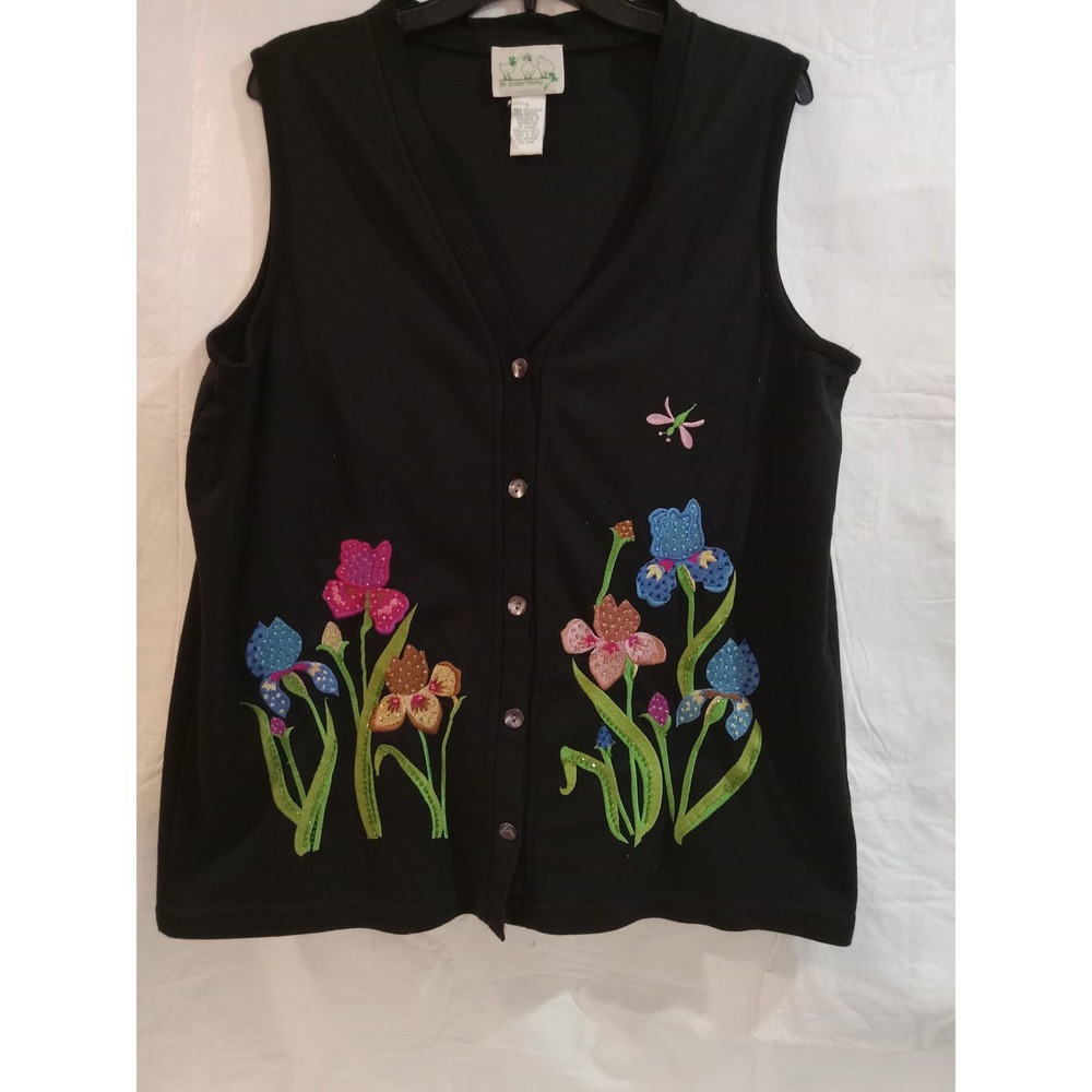 The Quacker Factory Black Embroidered Iris Floral Vest Size L